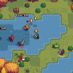 Creature Keeper screenshot of a bow-wielding hero fighting with and against a variety of smiles, birds, and frogs in a pond.