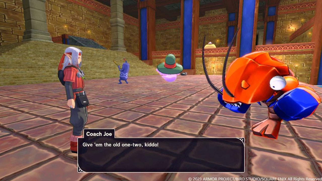 Psaro talking with Coach Joe in Dragon Quest Monsters: The Dark Prince. Coach Joe is encouraging!