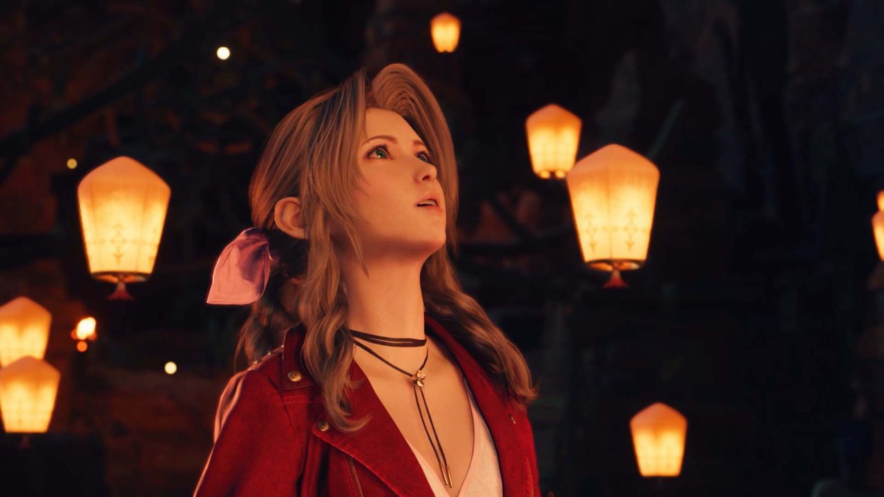 Aerith staring at paper lanterns in Final Fantasy VII Rebirth