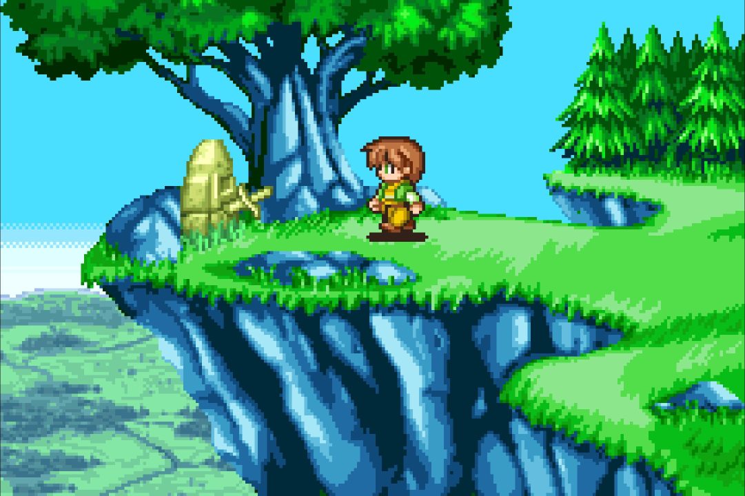 Screenshot of Alex at Dyne's grave, on a cliff overlooking the valley below in Lunar Legend.