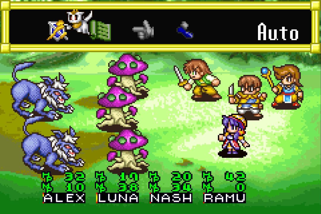 Screenshot of a battle with Alex, Nash, Luna, Ramus and some woodland enemies.