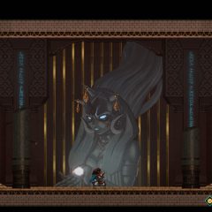 Mira: The Legend of the Djinns screenshot of a character crouched in an ancient hall in front of a massive stone statue of a woman with glowing eyes holding a glowing orb in her open hand.