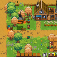 Pixelshire screenshot of a character setting up a small workbench outside a blacksmith's shop in a colorful town dotted with trees.