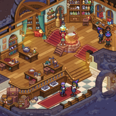 Witchbrook screenshot of isometric view of a witch school as a young female witch holds up a crafted potion.