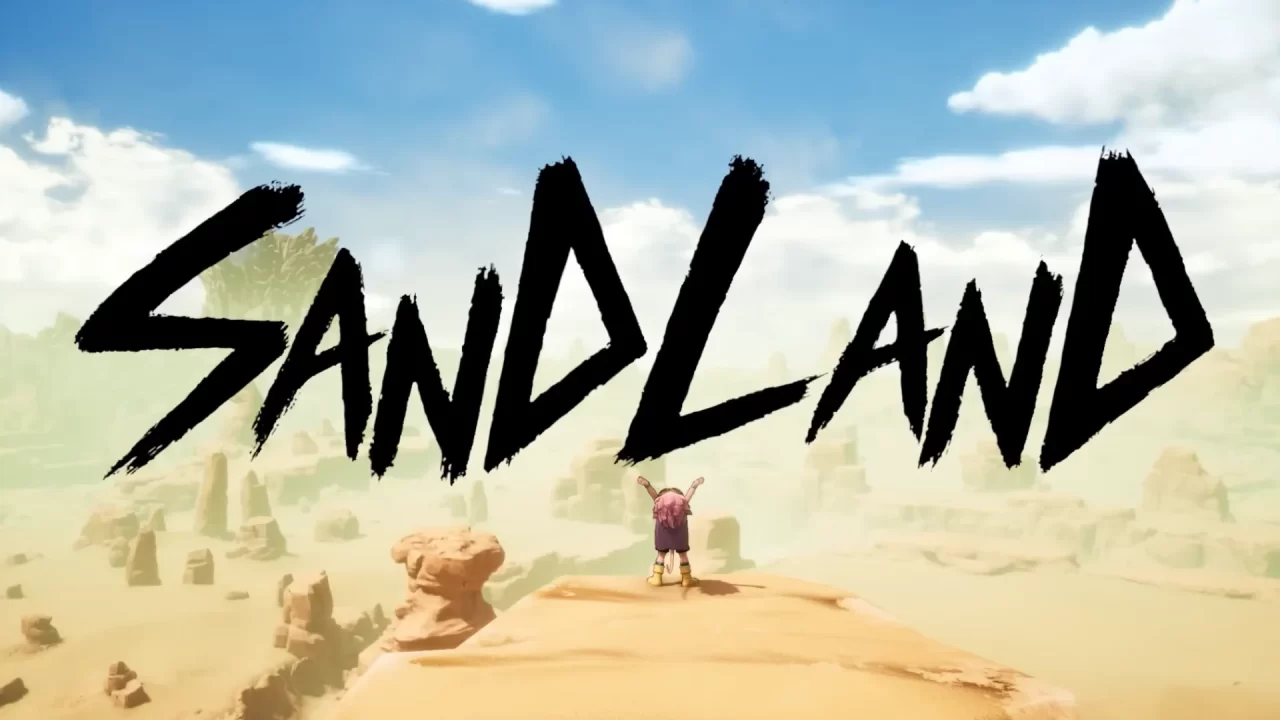 A screenshot of artwork depicting the logo of Sandland in jagged black lines above a small robed figure standing atop a cliff with his hands raised towards the sky.
